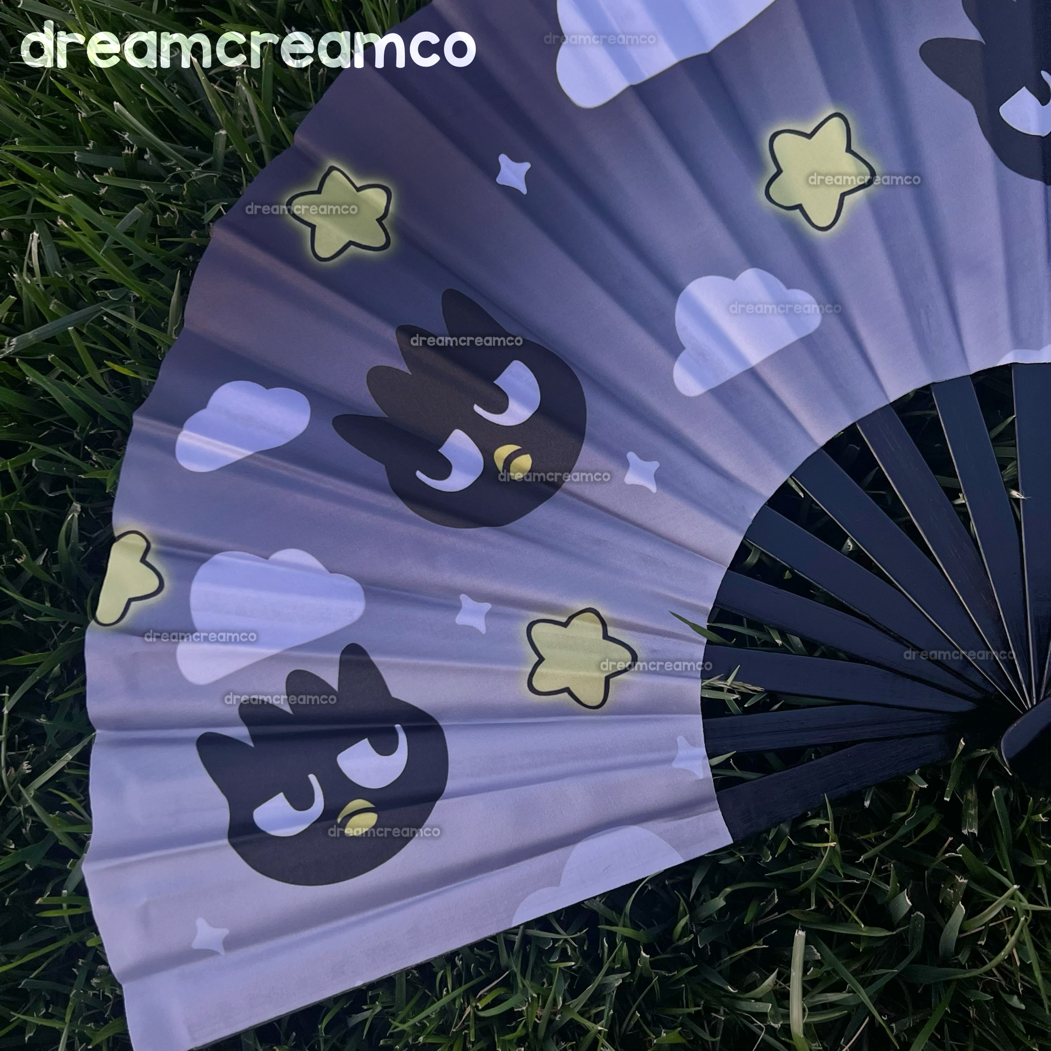  Super cute folding hand fan to cool you down at a crowded convention and/or music festival! These large, durable fans can also be used to elevate your festival fashion, and decorate your spaces as home decor!  ♡ Designed by DreamCreamCo ♡ Size: 13" (inches) while closed ♡ Design printed onto fabric ♡ Bamboo wooden handle ♡ Folding fan capability