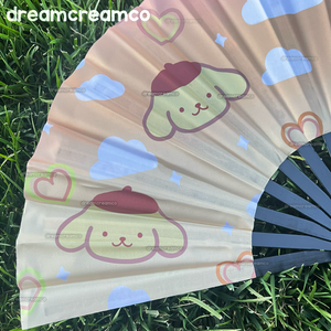 Super cute folding hand fan to cool you down at a crowded convention and/or music festival! These large, durable fans can also be used to elevate your festival fashion, and decorate your spaces as home decor!  ♡ Designed by DreamCreamCo ♡ Size: 13" (inches) while closed ♡ Design printed onto fabric ♡ Bamboo wooden handle ♡ Folding fan capability